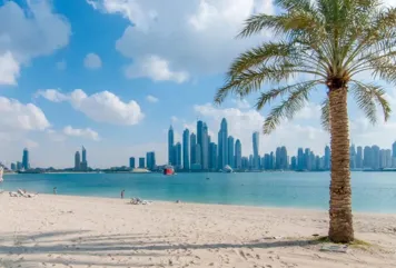 Beachfront view of Dubai Marina skyline with palm trees and sandy shore, ideal for homes for sale in Dubai, UAE.